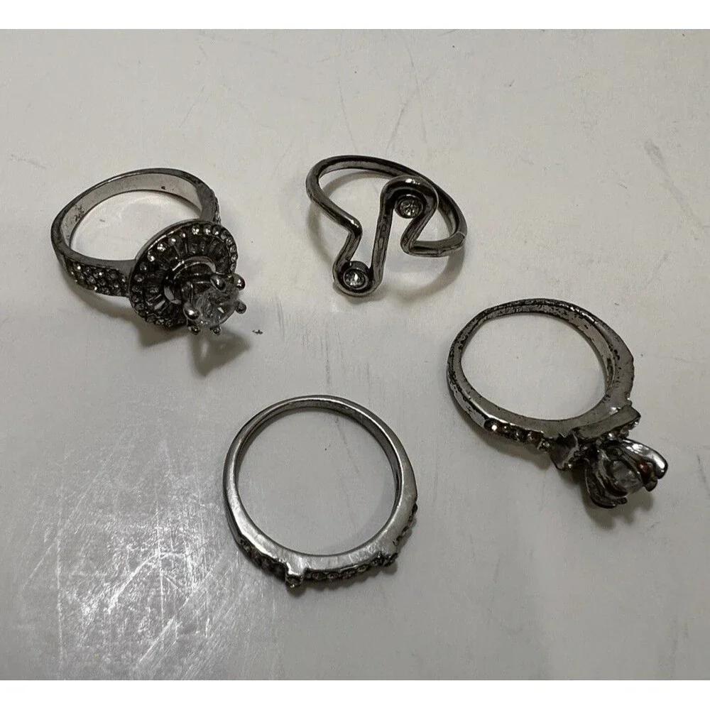 Vintage Style Silver Faux Crystal Ring Set Of 4 Halo Eternity Minimalist Bands